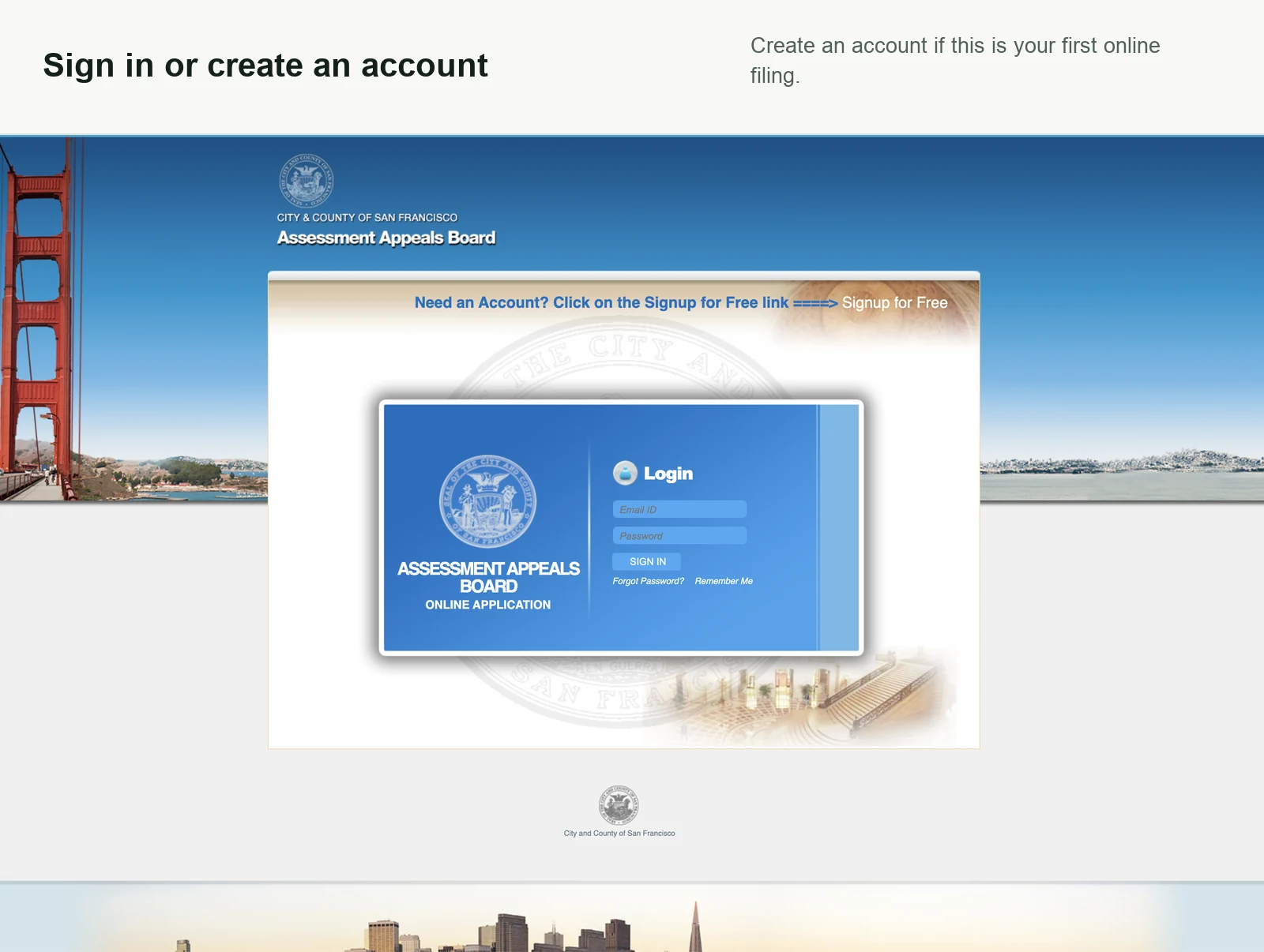 Assessment Appeals Board portal login screen
