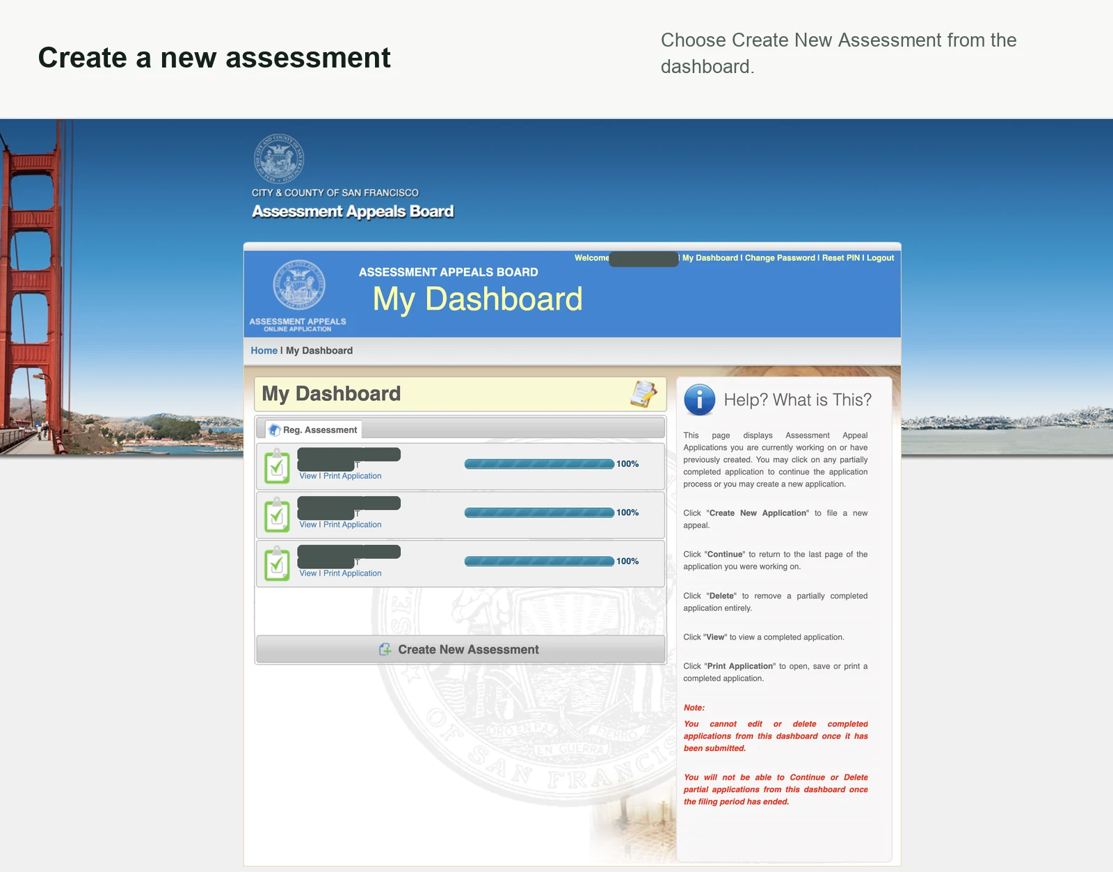 Assessment Appeals Board dashboard with sensitive entries redacted