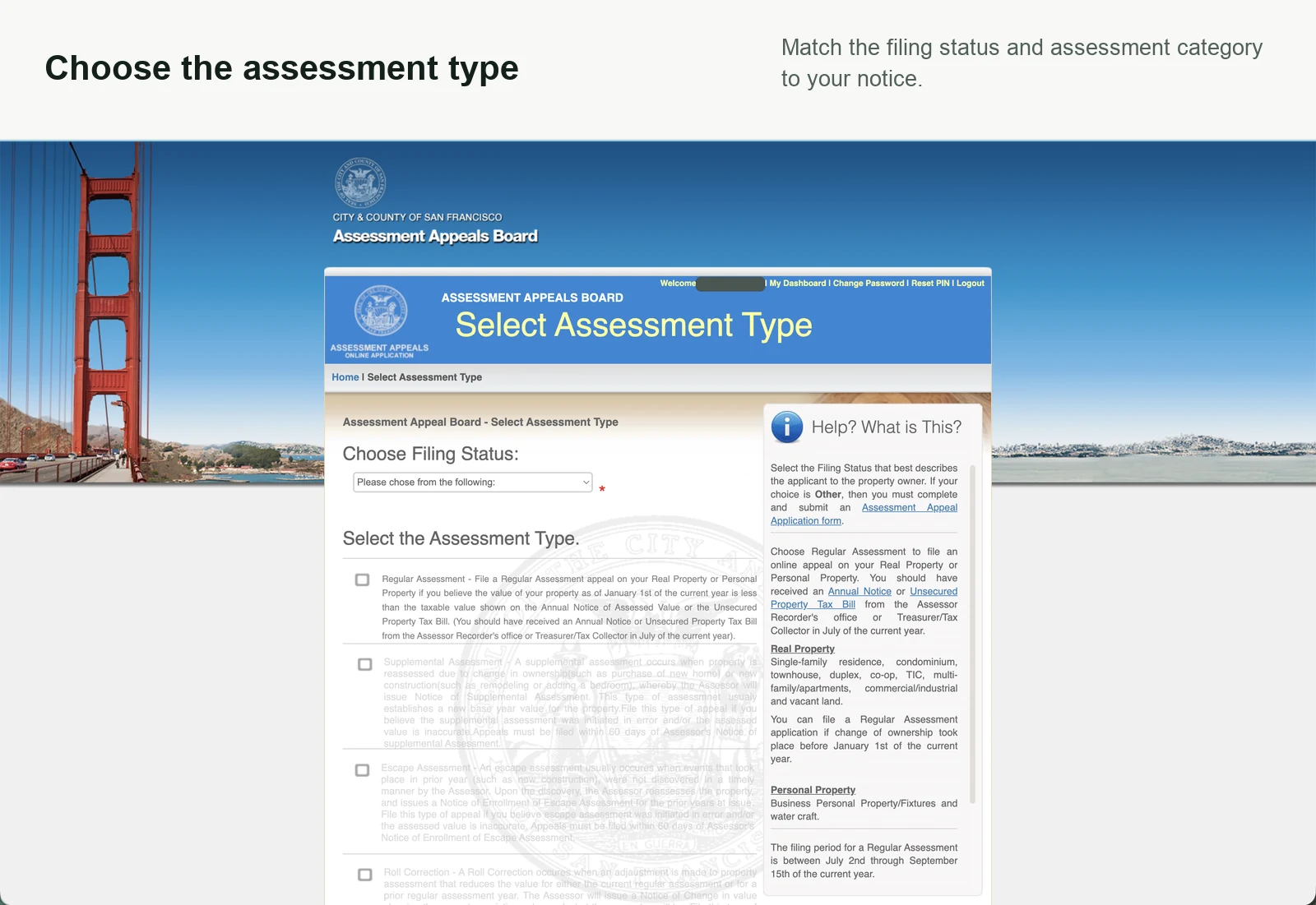 Assessment type selection screen with account name hidden