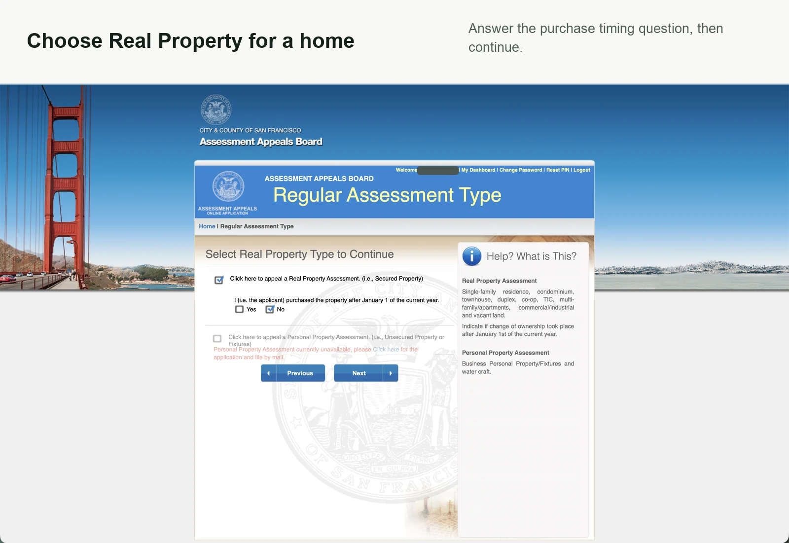 Regular assessment real property selection screen