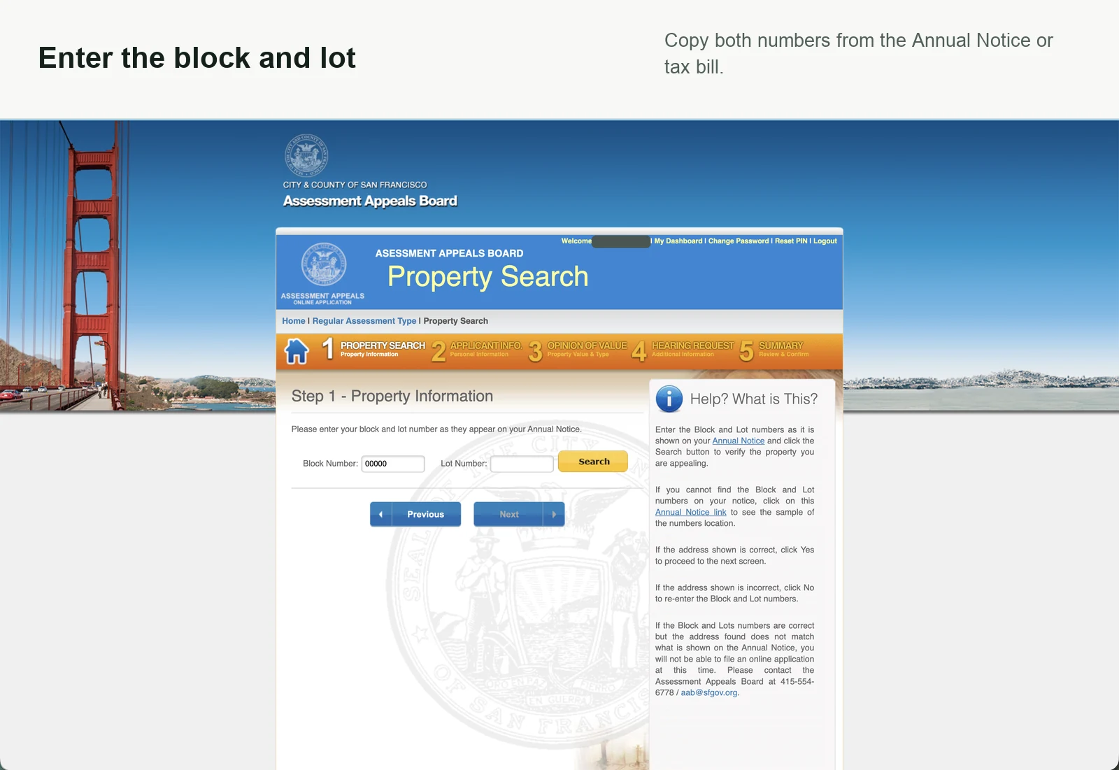Property search form showing separate block and lot fields