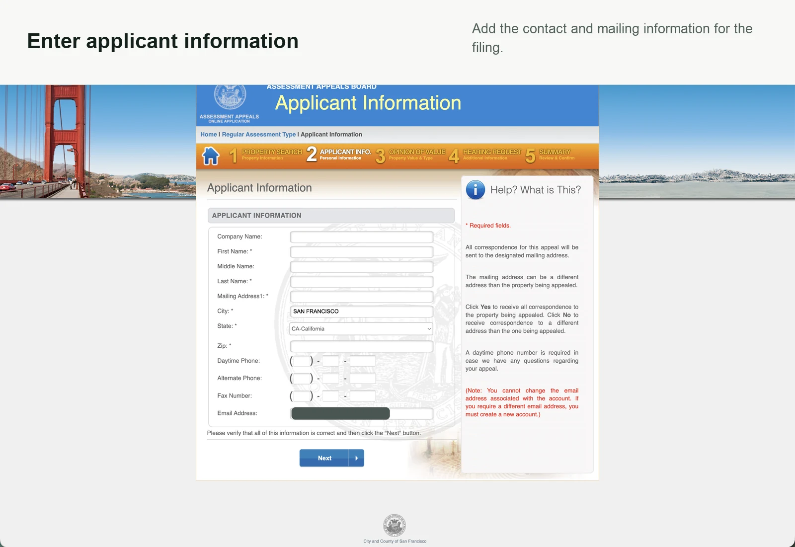 Applicant information form with the account email redacted