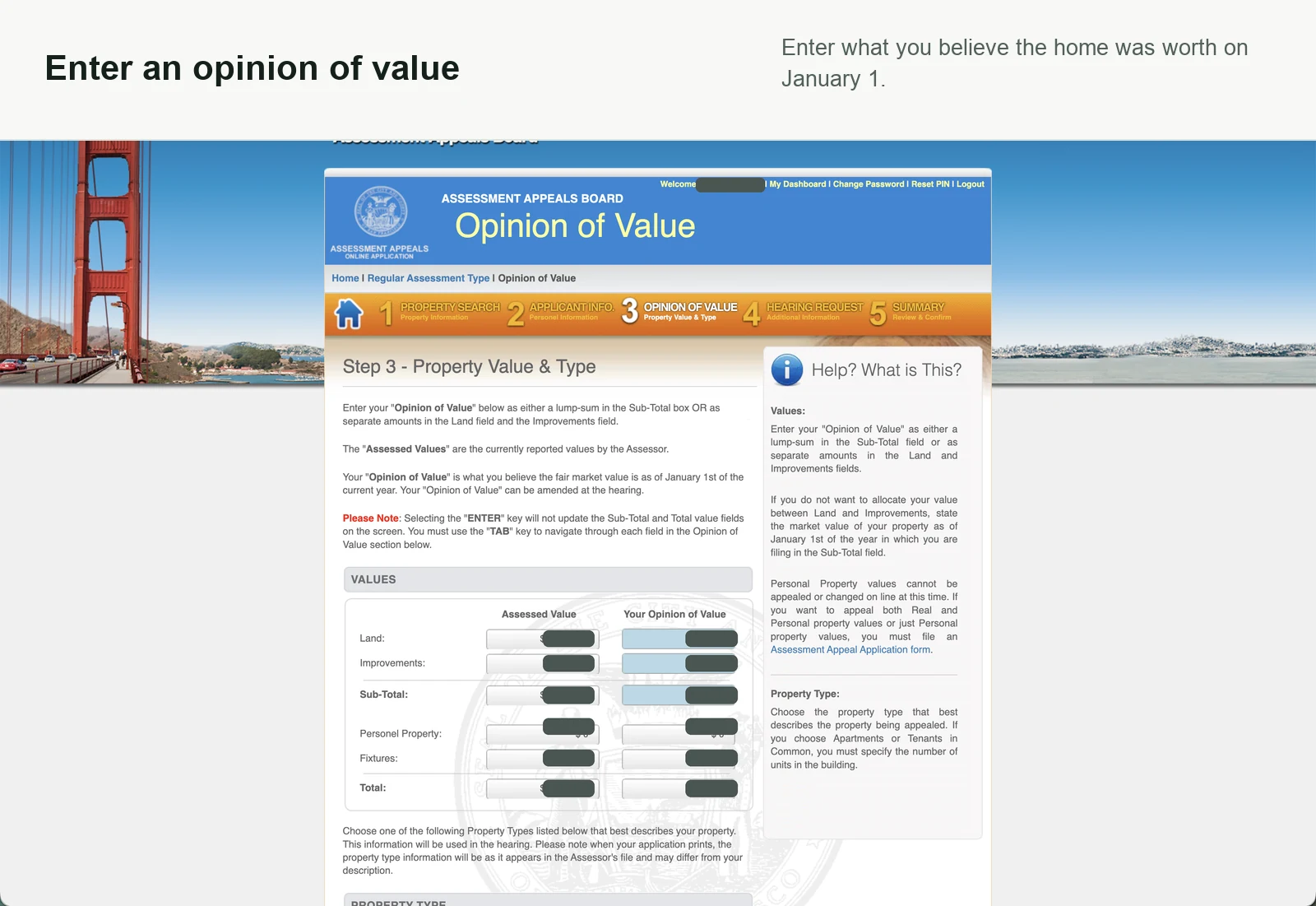 Opinion of value screen with all monetary amounts redacted