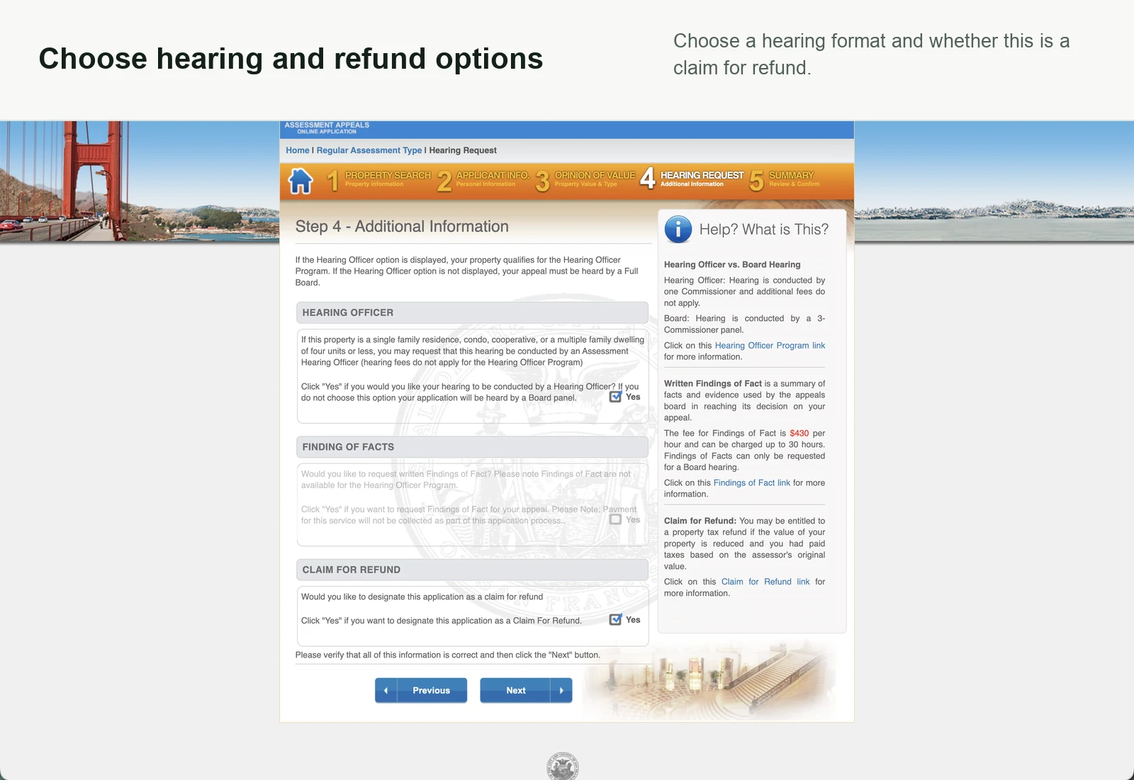 Hearing officer, findings of fact, and claim for refund choices