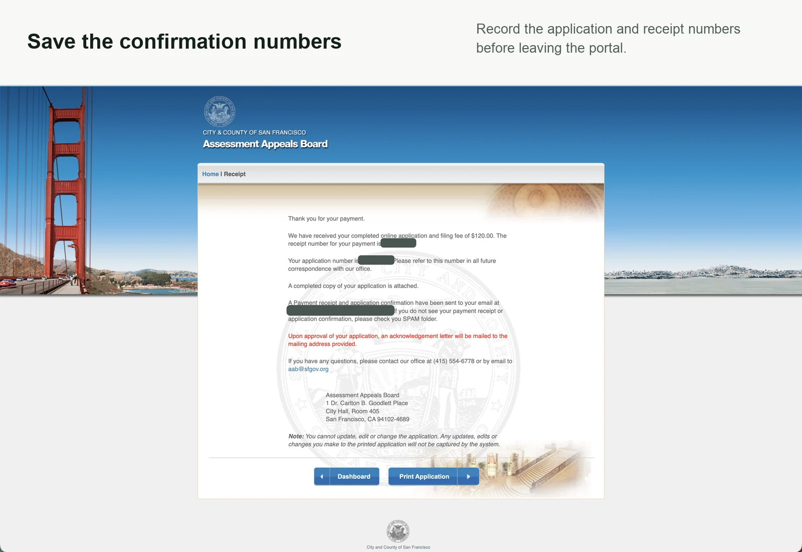 Portal payment confirmation with identifiers and account email redacted