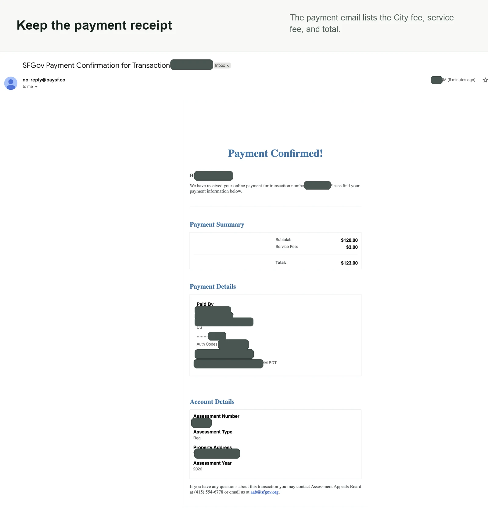 Payment processor confirmation email with personal and transaction identifiers redacted