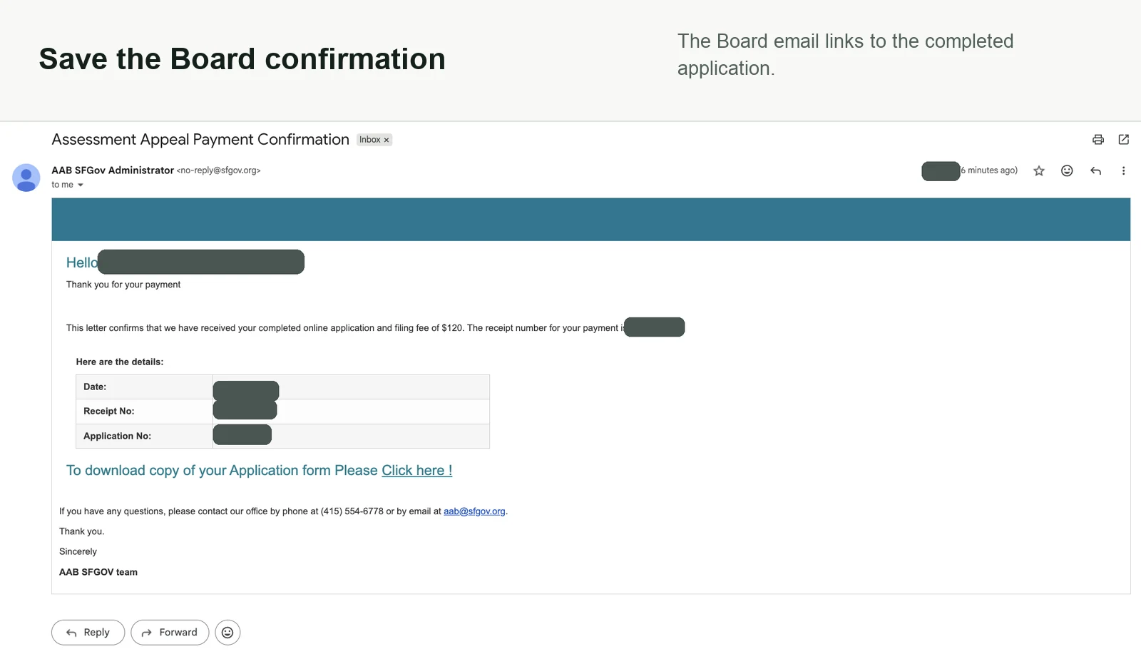 Assessment Appeals Board confirmation email with email address, receipt number, and application number redacted